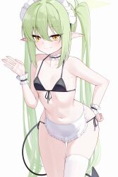1girl absurdres apron bikini black_bikini blue_archive breasts commentary_request green_hair highres long_hair maid maid_apron maid_bikini maid_headdress navel nozomi_(blue_archive) pointy_ears simple_background single_thighhigh small_breasts solo stomach swimsuit thighhighs thighs twintails unconventional_maid very_long_hair white_apron white_background white_thighhighs wrist_cuffs yellow_eyes zerotwenty_(020)