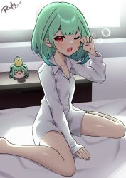 1girl ;o absurdres artist_name barefoot bed blue_hair collared_shirt dress_shirt gradient_hair green_hair highres hololive long_sleeves looking_at_viewer medium_hair multicolored_hair one_eye_closed oversized_clothes piyoko_(uruha_rushia) red_eyes rubbing_eyes ryle shirt sitting sleepy solo uruha_rushia virtual_youtuber wariza white_shirt yawning