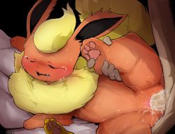 1girl animal_hands bed bestiality blush closed_eyes creatures_(company) cum cum_in_pussy dagasi flareon furry game_freak gen_1_pokemon hetero interspecies jolteon leg_up lying nintendo pawpads pokemon pokemon_(creature) pokephilia pussy pussy_juice sex spread_legs sweat tears uncensored vaginal