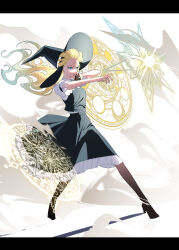 1girl absurdres black_hat black_pantyhose black_skirt black_vest blue_eyes closed_mouth commentary_request fighting_stance floating_hair frilled_skirt frilled_sleeves frills hat high_heels highres kirisame_marisa letterboxed long_hair looking_ahead magic magic_circle mini-hakkero nubezon pantyhose partial_commentary puffy_short_sleeves puffy_sleeves shirt shirt_tucked_in shoes short_sleeves skirt skirt_set smoke solo standing touhou very_long_hair vest white_shirt wind witch_hat