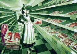 1girl animal_ears apron black_eyes black_hair black_ribbon black_shoes block_heels cat_ears color_filter extra_ears fanged_bangs food hand_on_own_hip happa_de_happy highres holding holding_food long_sleeves looking_at_food maid maid_apron maid_headdress meat original raw_meat ribbon shoes shopping_cart socks solo supermarket white_socks