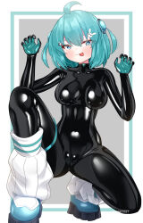 1girl :p absurdres ahoge aqua_bodysuit aqua_eyes aqua_hair black_bodysuit bodysuit bodysuit_under_clothes boots breasts claw_pose covered_pussy hair_ornament highres latex latex_bodysuit looking_at_viewer maguro27 medium_breasts original rabbit_hair_ornament shiny_clothes short_hair skin_tight solo squatting thigh_strap tongue tongue_out two-tone_bodysuit variant_set