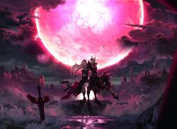 Rule 34 | 1boy, 1girl, armor, artist request, back-to-back, black armor, black dress, black shoes, breasts, castle, city, cloud, commentary, commentary request, corruption, dark lord kasel (king&#039;s raid), dark persona, demon horns, dress, english commentary, fallen frey (king&#039;s raid), frey (king&#039;s raid), grey hair, highres, holding, holding hands, holding staff, holding sword, holding weapon, horns, kasel (king&#039;s raid), king&#039;s raid, korean commentary, long hair, medium breasts, mixed-language commentary, moon, night, night sky, official art, planted, planted sword, planted weapon, platform heels, red eyes, red moon, ruins, second-party source, shoes, short hair, sky, staff, sword, weapon