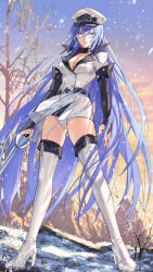1girl absurdres akame_ga_kill! black_choker blue_eyes blue_hair boots breasts cameltoe chest_tattoo chinese_commentary choker cleavage collarbone colored_eyelashes devil_heavens esdeath hair_between_eyes hat highres large_breasts long_hair looking_at_viewer military military_hat military_uniform peaked_cap snow snowing solo tattoo thigh_boots thighhighs very_long_hair weapon