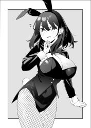 1girl animal_ears blush breasts byte_(allbyte) cowboy_shot embarrassed fake_tail fishnet_pantyhose fishnets grey_background grey_scales greyscale highres jacket large_breasts leotard long_sleeves looking_at_viewer medium_hair monochrome original pantyhose playboy_bunny rabbit_ears rabbit_tail solo strapless strapless_leotard tail tailcoat white_background