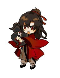 Rule 34 | 1boy, bandaged arm, bandaged foot, bandages, black hair, black shoes, chibi, chibi only, chinese commentary, coat, creature, dao gui yi xian, eyeball, full body, grey hanfu, grey pants, hair bun, hair ribbon, half updo, highres, holding, holding creature, li huowang, li sui (tentacles), long hair, male focus, open mouth, pants, red coat, red eyes, red ribbon, ribbon, shoes, simple background, single hair bun, solo, tentacles, transparent background, yama564310