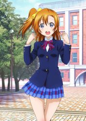 1girl :d anime_coloring black_socks blazer blue_eyes blue_jacket blue_skirt blue_sky blush bow bowtie building clenched_hands cloud cowboy_shot day diagonal-striped_bow diagonal-striped_bowtie diagonal-striped_clothes dress_shirt hair_bow hands_up hirayama_madoka jacket kneehighs kosaka_honoka lamppost long_hair long_sleeves looking_at_viewer love_live! love_live!_school_idol_festival love_live!_school_idol_project miniskirt official_art one_side_up open_mouth orange_hair otonokizaka_school_uniform outdoors plaid_clothes plaid_skirt pleated_skirt red_bow red_bowtie school school_uniform shirt skirt sky smile socks solo striped_clothes teeth tree upper_teeth_only white_shirt winter_uniform yellow_bow