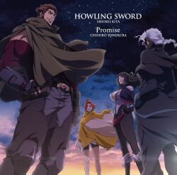Rule 34 | 2boys, 2girls, album cover, belt, black gloves, black pants, breasts, brown hair, capelet, cleavage, coat, cover, english text, fingerless gloves, garo:vanishing line, garo (series), gina evans, gloves, hand on own hip, highres, long hair, looking at viewer, luke (garo), multiple boys, multiple girls, muscular, muscular male, official art, pants, second-party source, sky, smile, sophia hennes, sword (garo), white hair