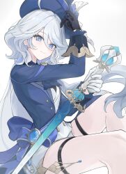 1girl ascot asymmetrical_gloves blue_ascot blue_brooch blue_hat blue_jacket drop-shaped_pupils furina_(genshin_impact) genshin_impact gloves hat heterochromia highres jacket mismatched_gloves mismatched_pupils multicolored_hair solo streaked_hair symbol-shaped_pupils theallarosa thighs top_hat