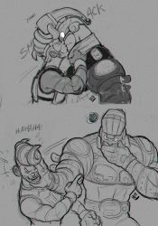 2boys arms_(game) blush closed_eyes clothes_grab collar_grab covering_own_mouth ear_blush embarrassed grey_background greyscale helmet kiss laughing male_focus mask max_brass monochrome multiple_boys neckwear_grab no_pupils pointing pompadour pushing_away signature simple_background sora-mito spoken_squiggle spring_man_(arms) squiggle surprised yaoi