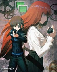Rule 34 | 2girls, aiming, aiming at viewer, amane suzuha, amane suzuha (beta), belt, belt buckle, black jacket, blue eyes, blue jacket, blue track suit, braid, breasts, brown hair, brown skirt, buckle, collared shirt, cropped jacket, expressionless, from side, grey pants, gun, hair rings, handgun, high-waist skirt, high collar, holding, holding gun, holding weapon, huke, impossible clothes, jacket, jacket over jacket, leather, leather belt, leather jacket, long hair, long sleeves, looking at viewer, medium breasts, multiple girls, non-web source, official art, pants, pleated skirt, red hair, science adventure, shiina kagari, shirt, skirt, standing, steins;gate, steins;gate 0, track jacket, track suit, twin braids, twintails, weapon, white shirt, yellow eyes, yellow trim