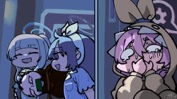 1boy 3girls black_halo blue_archive blue_pajamas closed_mouth cosplay covering_own_mouth doodle_sensei_(blue_archive) gag gagged hair_between_eyes hairband halo hiding hood hood_up improvised_gag in_container in_sack kigurumi koyuki_(blue_archive) koyuki_(pajamas)_(blue_archive) long_hair long_sleeves multiple_girls noa_(blue_archive) noa_(pajamas)_(blue_archive) open_mouth pajamas pink_hair pink_halo purple_eyes sack sensei_(blue_archive) short_sleeves siu_(esiu3891) smile tape tape_gag triangle_mouth white_hair white_hairband white_halo yuuka_(blue_archive) yuuka_(pajamas)_(blue_archive)