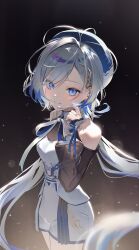 1girl absurdres animal_hair_ornament bare_shoulders bbony_0_0 blue_eyes blue_hat blue_streaks bow clothing_cutout corset fingerless_gloves from_above gloves hair_ornament hat headset hebi_(vtuber) highres holding holding_microphone indie_virtual_youtuber jewelry lace-trimmed_sleeves lace_trim long_hair looking_at_viewer microphone multicolored_hair porcelain qinghua_(porcelain) ribbon ring scale_print see-through_clothes see-through_sleeves shorts shoulder_cutout simple_background snake snake_hair_ornament solo streaked_hair virtual_youtuber white_corset white_hair white_nails white_shorts white_snake