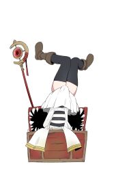 1girl absurdres boots commentary covering_crotch covering_privates dress fangs frieren highres legs lycoris_challenge_(meme) lycoris_recoil mage_staff meme mimic misskiwi parody purple_eyes simple_background solo sousou_no_frieren thighhighs trapped upside-down white_background white_dress zettai_ryouiki