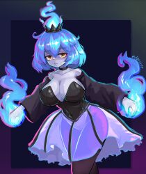 absurdres blue_fire blue_hair breasts chandelure d0tstep fire gen_5_pokemon highres huge_breasts humanization nintendo pokemon thighhighs transparent_skirt yellow_eyes