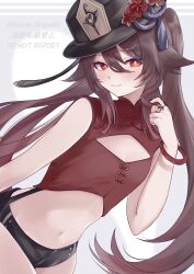 1girl black_shorts blush brown_hair brown_hat closed_mouth crop_top diamond_cutout engasaki_sakura flower-shaped_pupils genshin_impact hair_between_eyes hat highres hu_tao_(genshin_impact) long_hair looking_at_viewer midriff navel red_eyes red_shirt shirt shorts smile solo stomach symbol-shaped_pupils twintails
