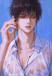 1boy aegyo_sal black_hair blue_background collarbone collared_shirt earphones expressionless fingernails hand_up holding holding_earphones lower_eyelashes_only male_focus messy_hair parted_lips partially_shaded_face pectoral_cleavage pectorals pink_lips rukawa_kaede shirt short_hair sidelighting sideways_glance simple_background slam_dunk_(series) solo upper_body wet wet_clothes wet_hair wet_shirt white_shirt zero_q_0q