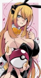 1girl absurdres alternate_costume animal_ear_hairband animal_ears black_leotard blonde_hair border bow bowtie breasts cleavage clenched_hand cynthia_(pokemon) earrings fake_animal_ears grey_eyes grin hairband hand_up highres holding holding_poke_ball jewelry kinakomochi_(user_vedc2333) large_breasts leotard long_hair nintendo outstretched_arm parted_lips playboy_bunny poke_ball poke_ball_(basic) pokemon pokemon_dppt rabbit_ear_hairband rabbit_ears reaching reaching_towards_viewer smile solo very_long_hair white_border yellow_bow yellow_bowtie yellow_nails