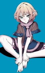 1girl :&lt; bad_feet barefoot blonde_hair blue_background butterfly_sitting feet feet_together female_focus green_eyes hands_on_feet knees_apart_feet_together legs mizuhashi_parsee pointy_ears scarf shadow shirt short_sleeves simple_background sitting skirt slit_pupils solo thupoppo toes touhou