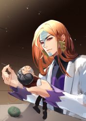 Rule 34 | 1boy, absurdres, black sweater, brown hair, closed mouth, coat, daniel j. d&#039;arby, doll, earrings, highres, holding, holding doll, indoors, jewelry, jojo no kimyou na bouken, lips, long hair, long sleeves, male focus, red eyes, solo, stardust crusaders, sweater, terence t. d&#039;arby, turtleneck, turtleneck sweater, white coat, zouhyou (at4190)
