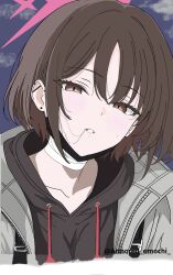 1girl armored_omochi bandage_on_neck bandages barbell_piercing blue_archive brown_eyes brown_hair commentary_request ear_piercing hair_in_own_mouth half-closed_eyes halo highres hood hoodie industrial_piercing jacket light_blush lips looking_at_viewer mask mask_pull misaki_(blue_archive) mouth_mask parted_lips piercing red_halo short_hair solo textless_version twitter_username
