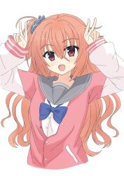 Rule 34 | 1girl, :d, blue bow, blue bowtie, blue scrunchie, blush, bow, bowtie, commentary request, cropped legs, double v, eyes visible through hair, grey sailor collar, hair between eyes, hair ornament, hair scrunchie, hands up, happy, highres, inaba meguru, jacket, letterman jacket, long hair, looking at viewer, one side up, open mouth, orange hair, pink jacket, red eyes, sailor collar, sanoba witch, school uniform, scrunchie, serafuku, simple background, sleeves past wrists, smile, solo, upper body, v, warm sheep, wavy hair, white background, white sleeves