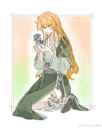 1boy 1girl ash_ketchum black_hair braid chibi chinese_clothes dress green_eyes highres holding in_palm japanese_clothes kneeling long_hair long_sleeves misty_(pokemon) nintendo open_mouth orange_hair pokemon pokemon_(anime) pokemon_(classic_anime) pokemon_rgby robe skirt smile solo thigh_strap twin_braids