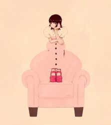 1girl black_hair blending button_up_skirt chair collared_shirt head_rest highres original pink_nails pink_shoes pink_skirt puffy_short_sleeves puffy_sleeves shirt shoes short_hair short_sleeves signature simple_background skirt solo syooooyoooo white_shirt