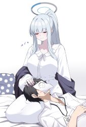 1boy 1girl absurdres bed_sheet black_shawl blue_archive breasts closed_eyes closed_mouth collared_shirt commentary_request dress halo heart highres lanyard lap_pillow large_breasts lipstick_mark long_hair long_sleeves mechanical_halo musical_note noa_(blue_archive) noa_(pajamas)_(blue_archive) pajamas pillow polka_dot_pillow ponytail puffy_long_sleeves puffy_sleeves reia_76 seiza sensei_(blue_archive) shawl shirt sitting smile very_long_hair white_dress white_hair white_halo white_pajamas white_shirt