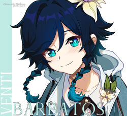 1boy absurdres aqua_eyes aqua_hair artist_name black_hair blush braid closed_mouth collarbone flower genshin_impact gradient_hair hair_flower hair_ornament highres hood hooded_jacket hoodie jacket lkari_shi looking_at_viewer male_focus multicolored_hair smile solo twin_braids venti_(genshin_impact) white_hoodie