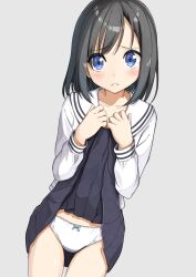 1girl absurdres black_hair black_skirt blue_eyes bow bow_panties clothes_lift commentary_request cowboy_shot dutch_angle frown grey_background highres lifting_own_clothes medium_hair negimiso1989 original panties pleated_skirt sailor_collar school_uniform serafuku shirt simple_background skirt skirt_lift solo underwear white_panties white_sailor_collar white_shirt