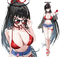 1girl absurdres adjusting_eyewear alternate_costume alternate_hairstyle belt_charm bikini black_hair blue_archive blunt_bangs blush breasts cellphone charm_(object) choker cleavage commentary_request cutoffs denim denim_shorts eyewear_on_head from_above full_body hair_ornament hairclip halo halterneck high_heels highleg highleg_bikini highres holding holding_phone large_breasts long_hair looking_at_viewer mango_(mango0208) multicolored_halo multiple_views navel off_shoulder phone red_bikini red_choker red_eyes red_nails ringed_eyes rio_(blue_archive) see-through_clothes short_shorts shorts sideboob simple_background smartphone solo sunglasses swimsuit thigh_strap two-tone_halo very_long_hair white_background