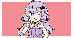 Rule 34 | 1girl, ahoge, bare arms, bare shoulders, blush, border, criss-cross halter, dress, grin, hair ornament, halter dress, halterneck, hand up, index finger raised, ini (inunabe00), looking at viewer, one eye closed, outline, outside border, pink background, purple dress, purple eyes, purple hair, short hair with long locks, sidelocks, simple background, sleeveless, sleeveless dress, smile, solo, upper body, vocaloid, voiceroid, white border, white outline, yuzuki yukari