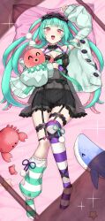 1girl aqua_hair arm_up asymmetrical_legwear bed_sheet black_dress blunt_bangs blush breasts cardigan commentary_request commission dress green_cardigan highres long_hair long_sleeves looking_at_viewer medium_breasts navel open_mouth original pillow purple_eyes skeb_commission solo tentacle_hair yamato_(muchuu_paradigm)