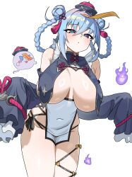 Rule 34 | 1girl, absurdres, armpit crease, astral party, bare shoulders, blue hair, braid, braided hair rings, breast curtains, breasts, breasts apart, covered navel, cowboy shot, cross-shaped pupils, detached sleeves, double bun, frills, haiqing (astral party), hair bun, hair ornament, hair rings, hat, highres, jiangshi costume, large breasts, long hair, long sleeves, looking at viewer, myangdu, ofuda, parted lips, pelvic curtain, pink eyes, qingdai guanmao, revealing clothes, side-tie peek, simple background, sleeves past fingers, sleeves past wrists, solo, symbol-shaped pupils, tassel, tassel hair ornament, thighs, white background