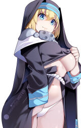 1girl blonde_hair blue_eyes breasts closed_mouth en&#039;en_no_shouboutai highres hot_vr iris_(en&#039;en_no_shouboutai) long_sleeves looking_at_viewer medium_breasts navel nun panties pixiv_username simple_background solo subscribestar_logo subscribestar_username underboob underwear white_background white_panties