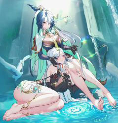 2girls absurdres aqua_eyes bare_shoulders barefoot bird black_dress black_hair blue_eyes blue_hair breasts colored_inner_hair crane_(animal) detached_sleeves dress earrings feet genshin_impact glasses green_hair grey_hair hair_ornament hair_over_one_eye highres horns jewelry large_breasts long_hair long_sleeves looking_at_viewer misheng_liu_yin multicolored_hair multiple_girls official_alternate_costume shenhe_(frostflower_dew)_(genshin_impact) shenhe_(genshin_impact) sleeveless sleeveless_dress solo tassel thighs toes two-tone_hair very_long_hair vision_(genshin_impact) xianyun_(genshin_impact)