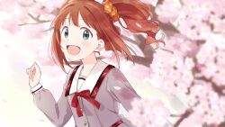 1girl :d blazer blue_eyes blurry blush cherry_blossoms demirinz depth_of_field eyelashes falling_petals grey_jacket grey_serafuku hair_intakes hair_ornament hair_scrunchie idolmaster idolmaster_(classic) idolmaster_million_live! idolmaster_million_live!_theater_days jacket junior_high_schoolmate_(idolmaster) looking_at_viewer medium_hair open_mouth orange_hair orange_scrunchie petals school_uniform scrunchie serafuku sleeve_cuffs smile takatsuki_yayoi twintails wavy_hair