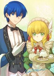 Rule 34 | 1boy, 1girl, apron, blue hair, blue vest, bow, bowtie, breasts, brooch, cup, finn (devoted service) (fire emblem), finn (fire emblem), fire emblem, fire emblem: thracia 776, fire emblem heroes, green eyes, hair ornament, highres, holding, holding tray, jewelry, maid, maid apron, medium breasts, nanna (cordial teatime) (fire emblem), nanna (fire emblem), nintendo, official alternate costume, open clothes, open vest, smile, sorakaza, teacup, teapot, tray, vest, wing hair ornament