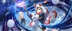 Rule 34 | 2girls, between breasts, black bodysuit, black gloves, black pants, black skirt, blonde hair, blue eyes, blush, bodysuit, boots, breasts, brown hair, cape, casting spell, cloud, darkness (konosuba), dot nose, game cg, gloves, hand up, hat, high ponytail, highres, holding, holding staff, holding sword, holding weapon, horned hat, kono subarashii sekai ni shukufuku wo!, konosuba! fantastic days, legs apart, long hair, magic, medium breasts, megumin, multiple girls, night, night sky, official art, one eye closed, open mouth, pants, ponytail, red eyes, scabbard, sheath, skirt, sky, small breasts, snow, snowball, staff, sword, third-party source, tree, weapon, white cape, white gloves, white hat, winter clothes, yellow boots