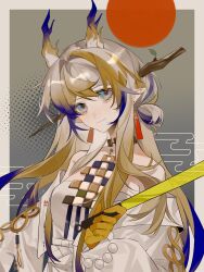 1girl absurdres arknights bare_shoulders beads blue_eyes border brown_hair chinese_commentary closed_mouth commentary_request dragon_girl dragon_horns earrings egasumi gradient_background grey_background grey_border grey_hair grey_jacket grey_tube_top hair_between_eyes highres horns jacket jewelry light_smile long_hair long_sleeves looking_at_viewer multicolored_hair necklace off_shoulder outside_border pointy_ears purple_hair red_sun shenbeining79537 shu_(arknights) solo strapless tube_top upper_body