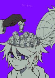 1boy :&gt; :o ^_^ absurdres aotsuki_eito black_gloves blue_eyes character_figure closed_eyes crossed_arms glasses gloves greyscale_with_colored_background highres holding_figure hood hoodie kawati male_focus one_eye_closed open_skull out_of_frame purple_background short_hair sideways_glance smile solo_focus spot_color sumino_takumi sweat the_hundred_line_-last_defense_academy- three-finger_salute