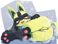 1girl animal_ears anus ass bar_censor blush censored commentary_request cum cum_in_pussy cumdrip fang full_body furry furry_female gen_4_pokemon green_fur lolobox looking_at_viewer lucario nintendo nose_blush open_mouth pokemon pokemon_(creature) pussy red_eyes simple_background slap_mark solo tail tongue tongue_out white_background wolf_ears wolf_girl wolf_tail