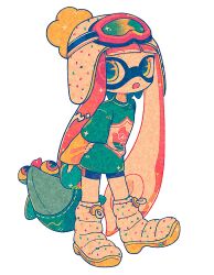 Rule 34 | 1girl, :o, artist name, beanie, boots, commentary, earflap beanie, english commentary, eyes visible through hair, f0rd 5 px, full body, goggles, goggles on headwear, green shirt, hand on own stomach, hat, highres, holding, holding stuffed toy, inkling, inkling girl, inkling player character, layered sleeves, long hair, long sleeves, looking at viewer, multicolored hair, nintendo, open mouth, orange hair, pac-man eyes, pink hair, pom pom (clothes), pom pom beanie, print shirt, shirt, short over long sleeves, short sleeves, simple background, sleeves past wrists, smallfry (splatoon), solo, splatoon (series), standing, stuffed toy, t-shirt, tentacle hair, twintails, two-tone hair, very long hair, white background, white boots, white hat, yellow eyes