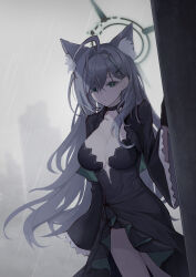 1girl absurdres animal_ear_fluff animal_ears black_dress black_gloves blue_archive blurry blurry_background breasts cleavage closed_mouth commentary_request day depth_of_field dress gloves green_eyes grey_hair hair_between_eyes hair_intakes hair_ornament hand_up highres large_breasts long_hair long_sleeves outdoors rain shiroko_(blue_archive) shiroko_terror_(blue_archive) solo very_long_hair wide_sleeves wolf_ears ysoa26