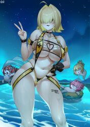 4girls :3 bikini black_gloves blonde_hair blush bracelet breasts chibi collarbone cowboy_shot d._joko doro_(nikke) elegg_(boom_and_shock)_(nikke) elegg_(nikke) gloves goddess_of_victory:_nikke hair_over_eyes hand_on_own_hip innertube jewelry large_breasts looking_at_viewer multicolored_hair multiple_girls navel night night_sky pinne_(nikke) pool purple_eyes rapi_(nikke) short_hair single_glove sky slingshot_swimsuit smile standing star_(sky) starry_sky swim_ring swimsuit two-tone_hair v water wet yellow_bikini