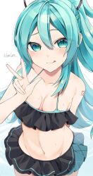 Rule 34 | 1girl, aqua eyes, aqua hair, arm tattoo, arm up, bare shoulders, bikini, black bikini, blush, breasts, cleavage, collarbone, commentary, commentary request, frilled bikini, frills, from above, hair between eyes, hatsune miku, highres, light blush, long hair, looking at viewer, medium breasts, midriff, narrow waist, navel, noisy ma, sidelocks, simple background, solo, swimsuit, tattoo, tongue, tongue out, twitter username, upper body, v, vocaloid, white background