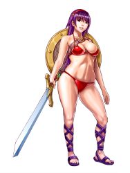 1girl armor athena_(series) bikini bikini_armor black_eyes breasts cleavage feet highres large_breasts legs lipstick long_hair looking_at_viewer makeup navel pink_lips princess_athena purple_hair red_bikini smile solo swimsuit sword thighs toned weapon
