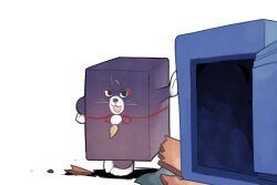 Rule 34 | animalization, arm up, black eyes, eyeliner, eyeshadow, feathers, genshin impact, hand on own hip, highres, looking at viewer, makeup, mint-tan, no humans, open mouth, parody, plank, pom pom (clothes), purple cat, rectangle, red eyeliner, red eyeshadow, safe (container), scaramouche (cat) (genshin impact), scaramouche (genshin impact), string, tom and jerry, whiskers, white background, yellow feathers