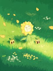 absurdres closed_eyes closed_mouth evolutionary_line field flower gen_2_pokemon grass highres nintendo no_humans open_mouth outdoors petals plant pokemon pokemon_(creature) pokemon_focus smile sunflora sunflower sunkern sunlight taplaos
